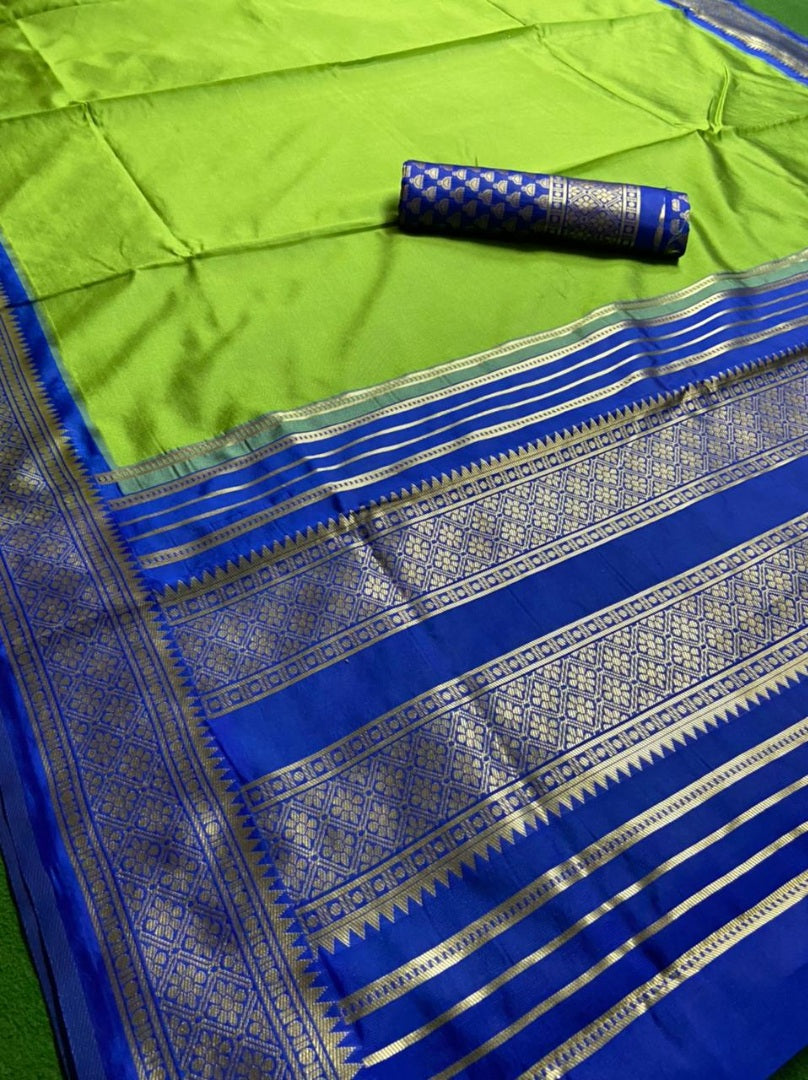 Neon green soft lichi silk jacquard weaving work wedding saree