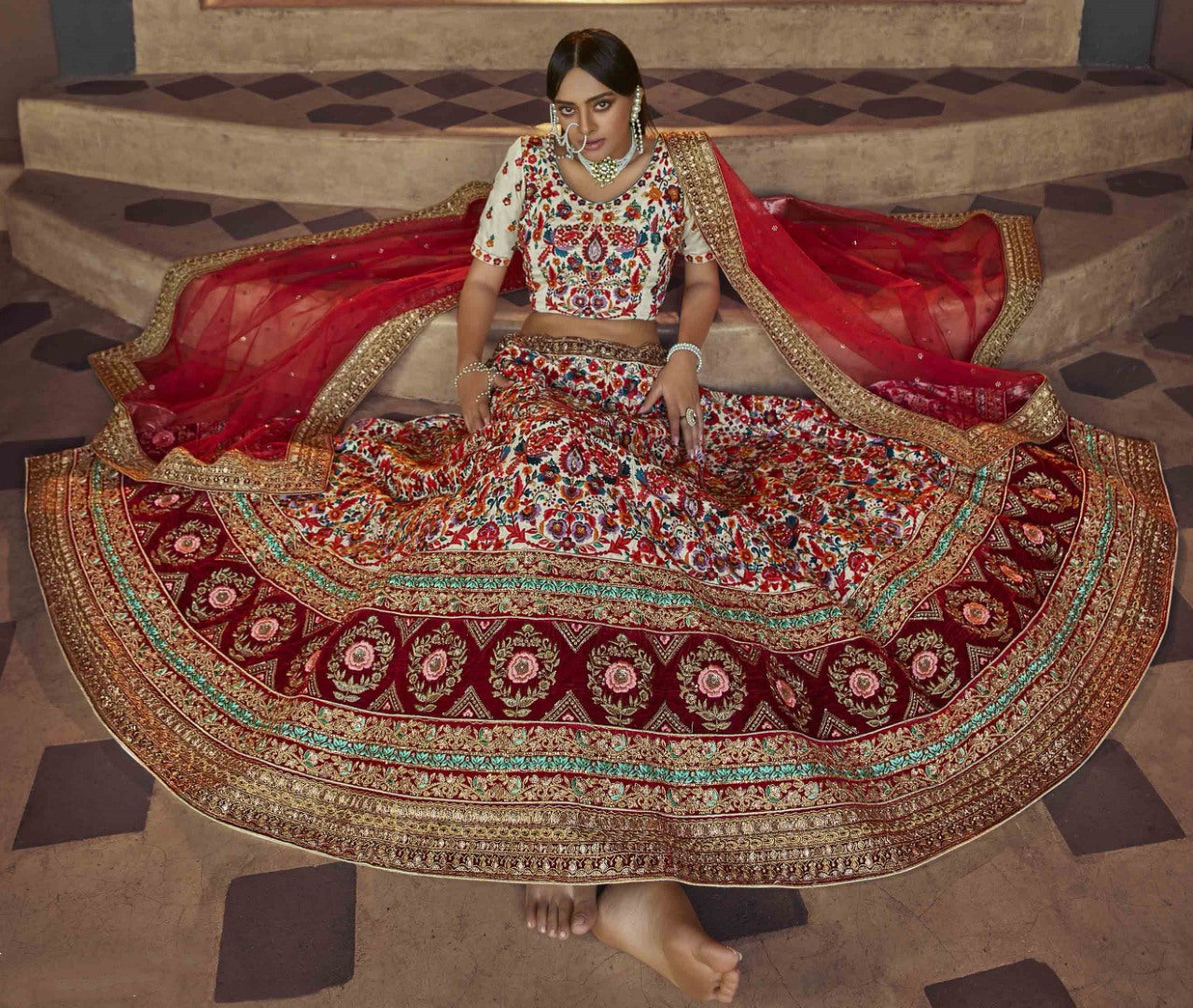 Off white art silk sequence and zari work bridal lehenga choli