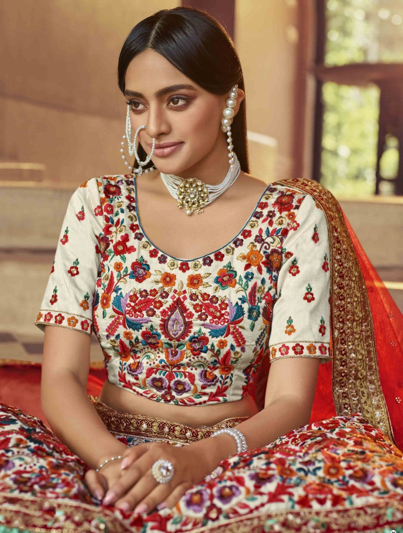 Off white art silk sequence and zari work bridal lehenga choli