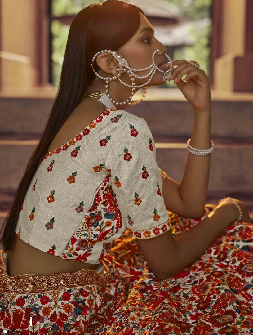 Off white art silk sequence and zari work bridal lehenga choli