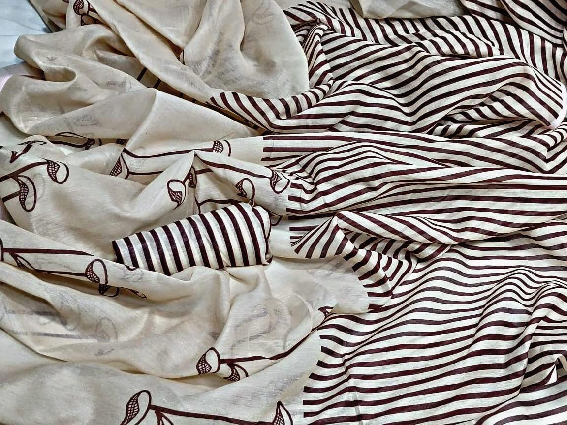 off white chanderi cotton printed stylist saree