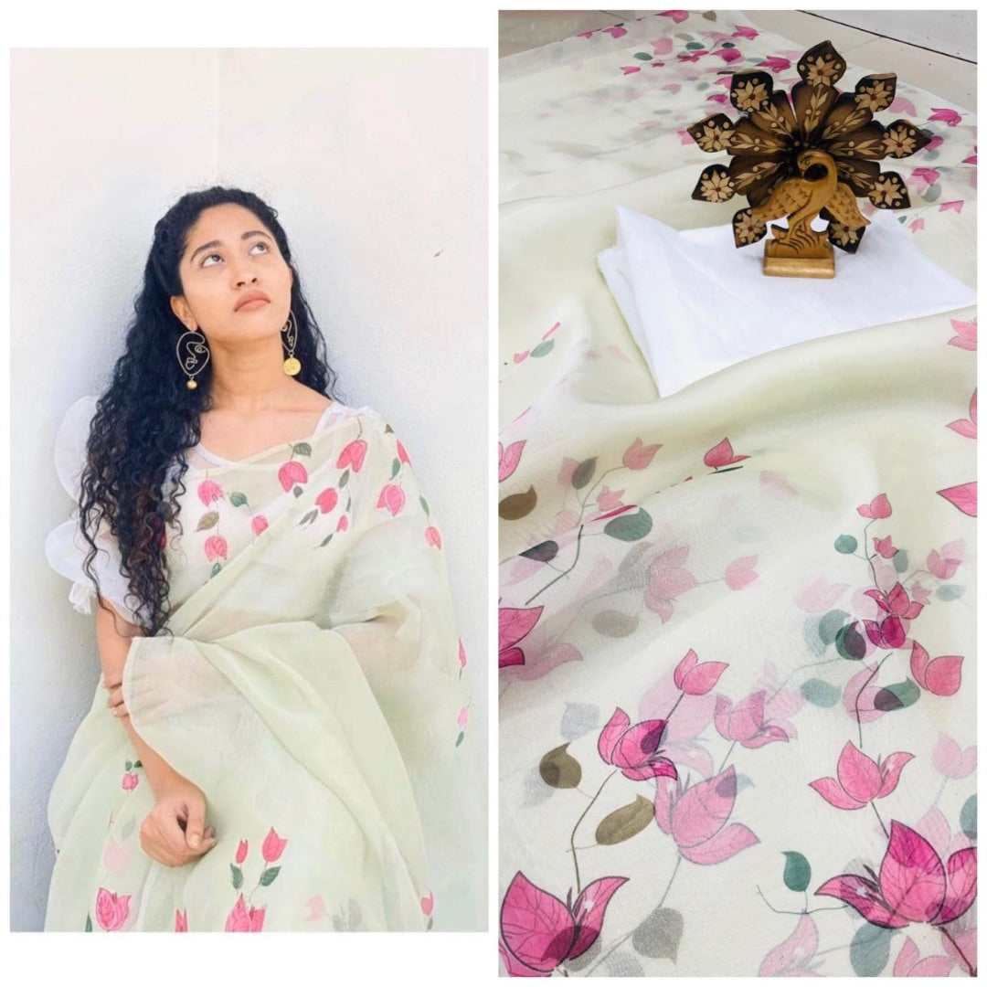 Off white floral printed organza saree
