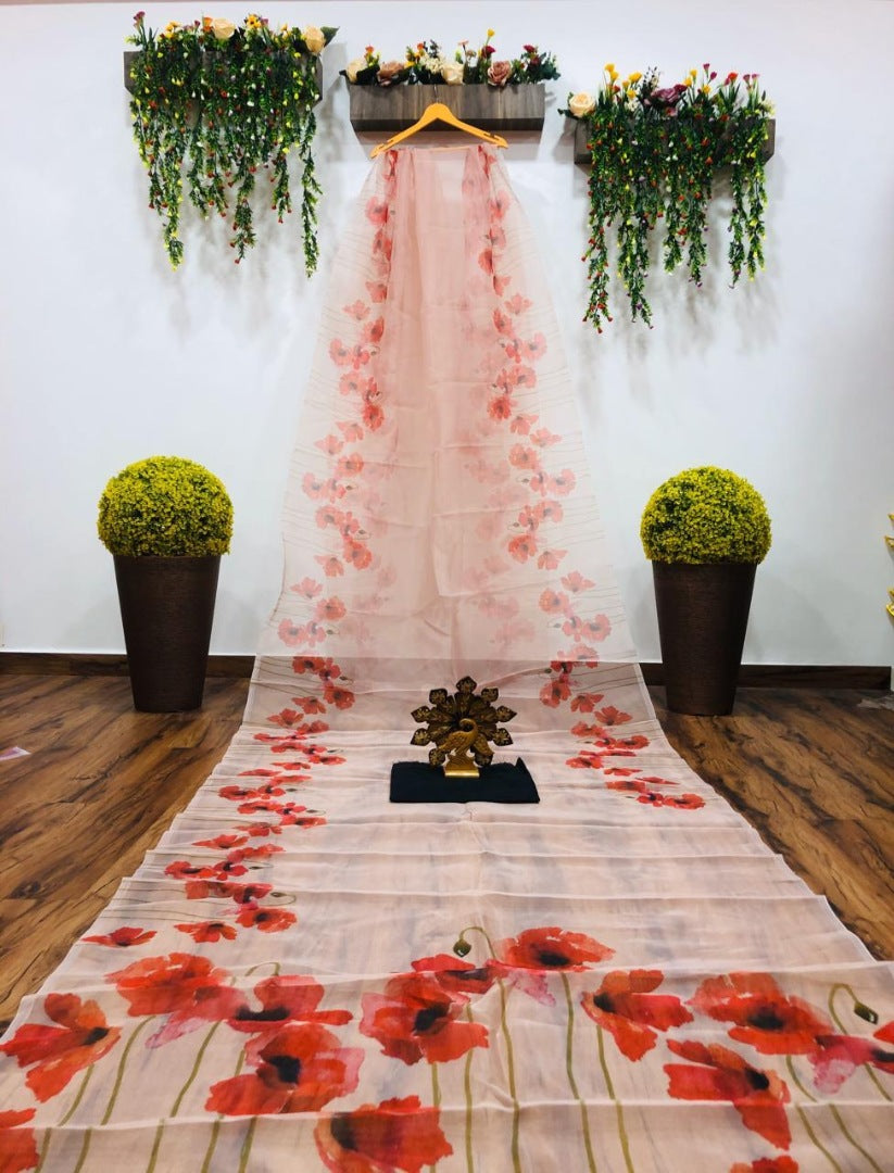 Off white floral printed organza saree