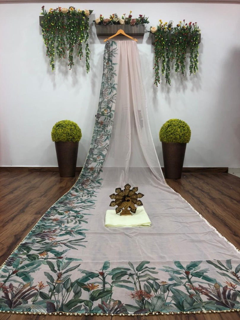 Off white georgette digital printed motilace saree