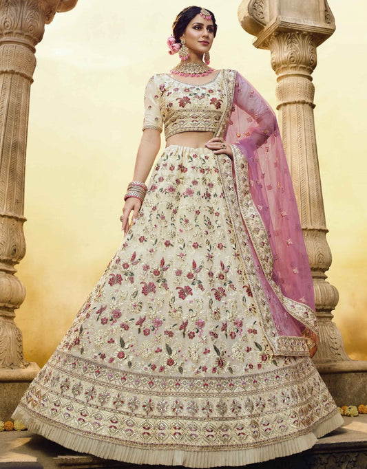 Off white georgette thread ruffle and zari work bridal lehenga choli