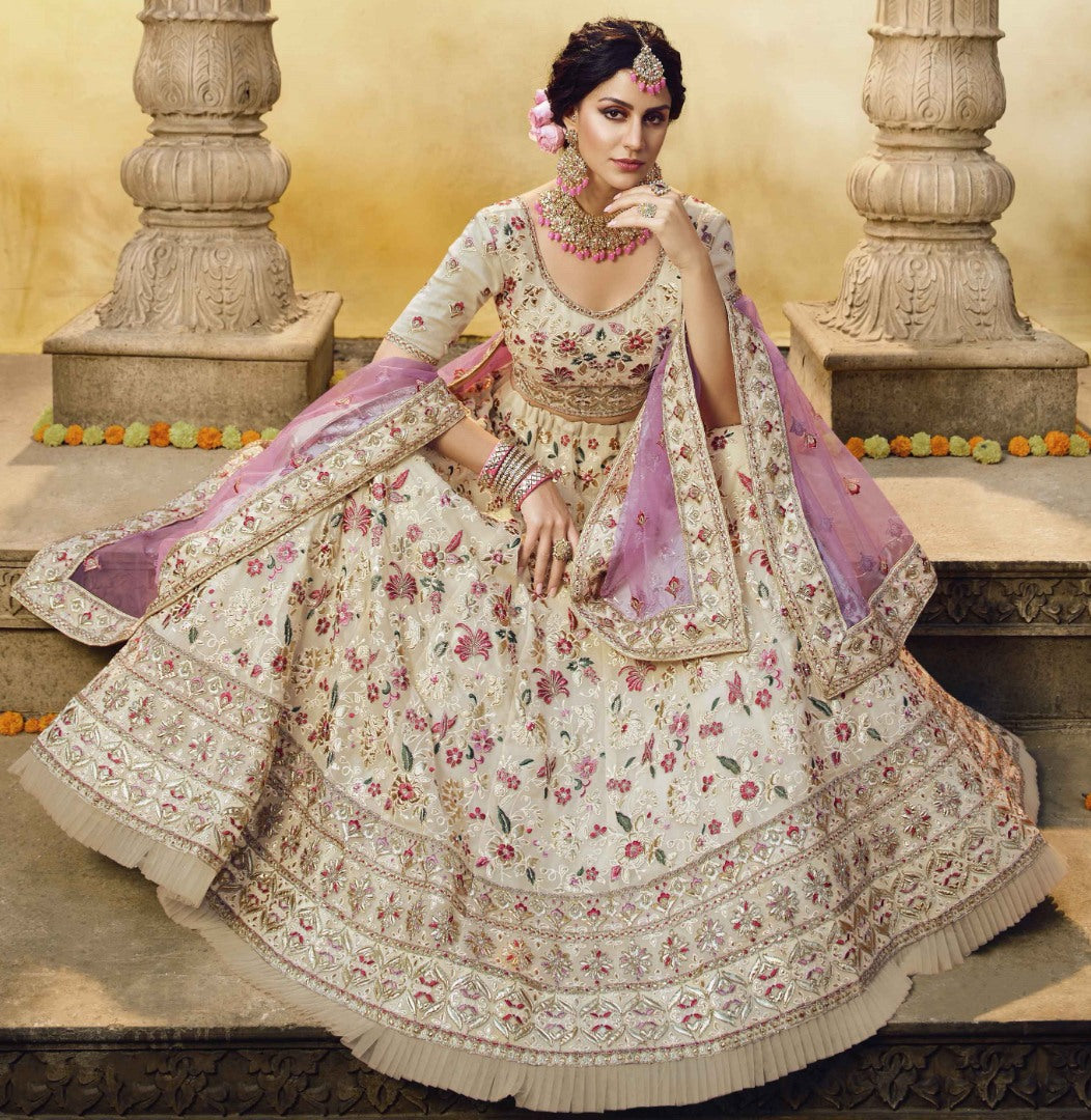 Off white georgette thread ruffle and zari work bridal lehenga choli