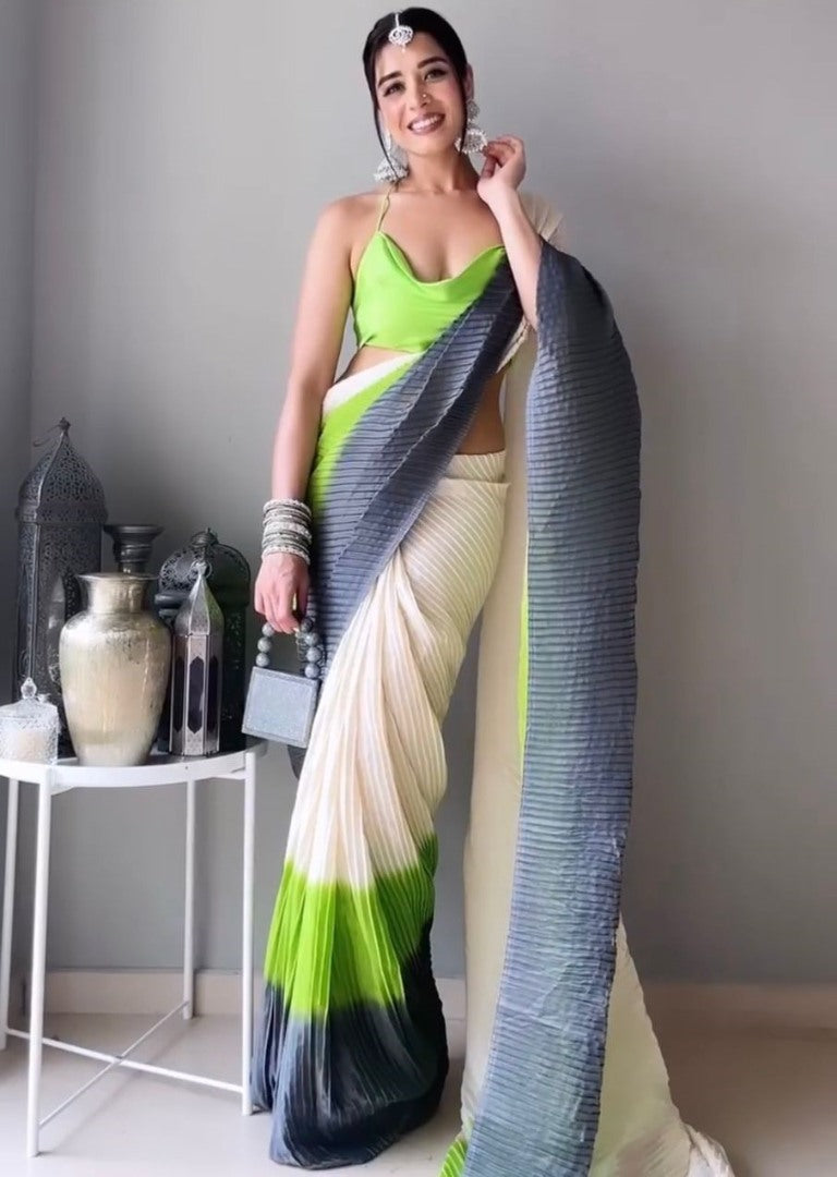 Off white green grey georgette pleats saree