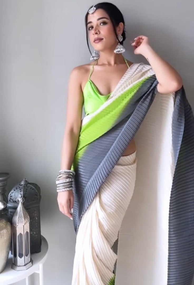 Off white green grey georgette pleats saree