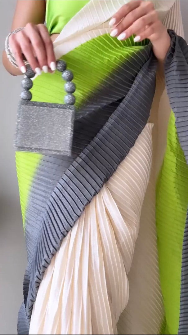 Off white green grey georgette pleats saree