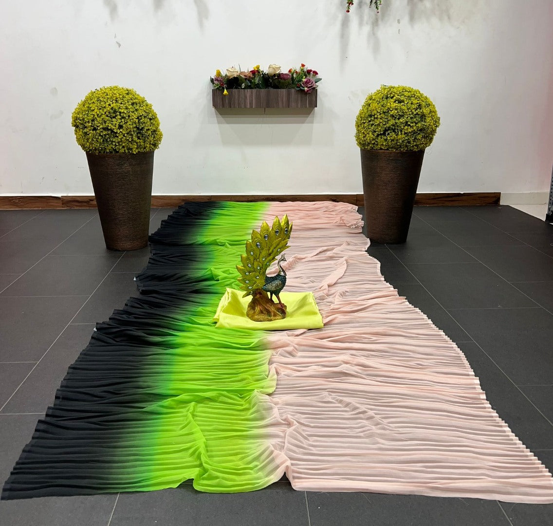 Off white green grey georgette pleats saree