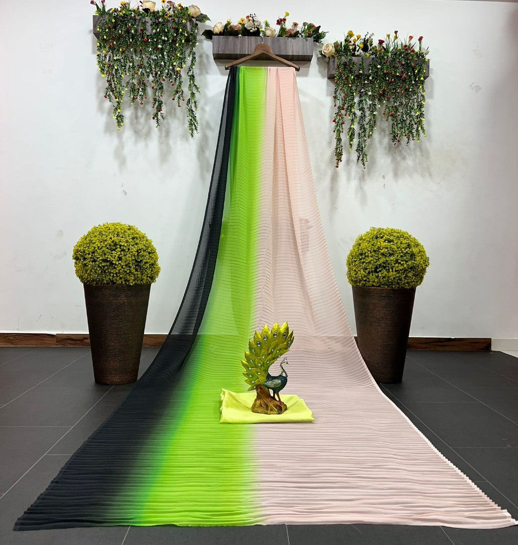 Off white green grey georgette pleats saree