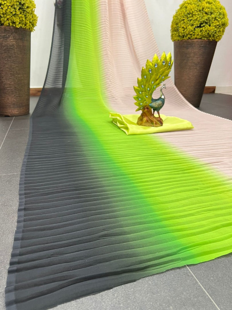 Off white green grey georgette pleats saree