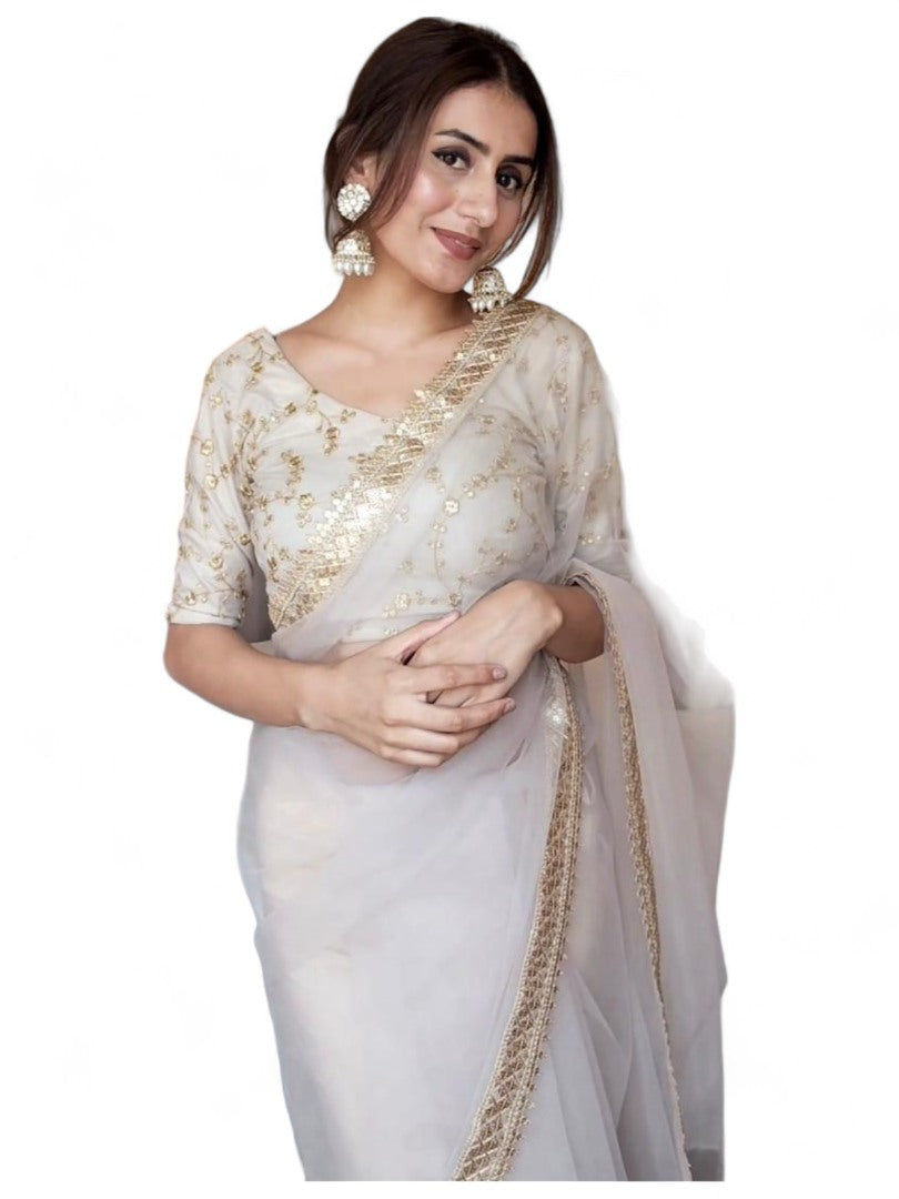 Off white net stylish saree