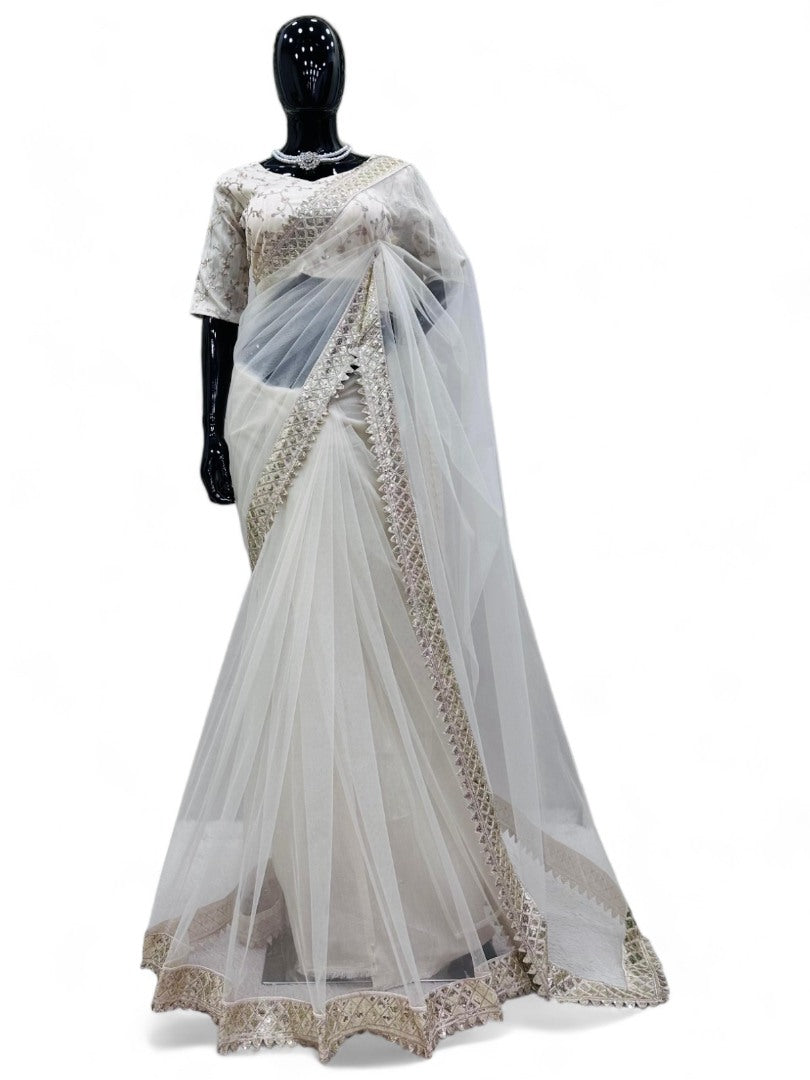 Off white net stylish saree