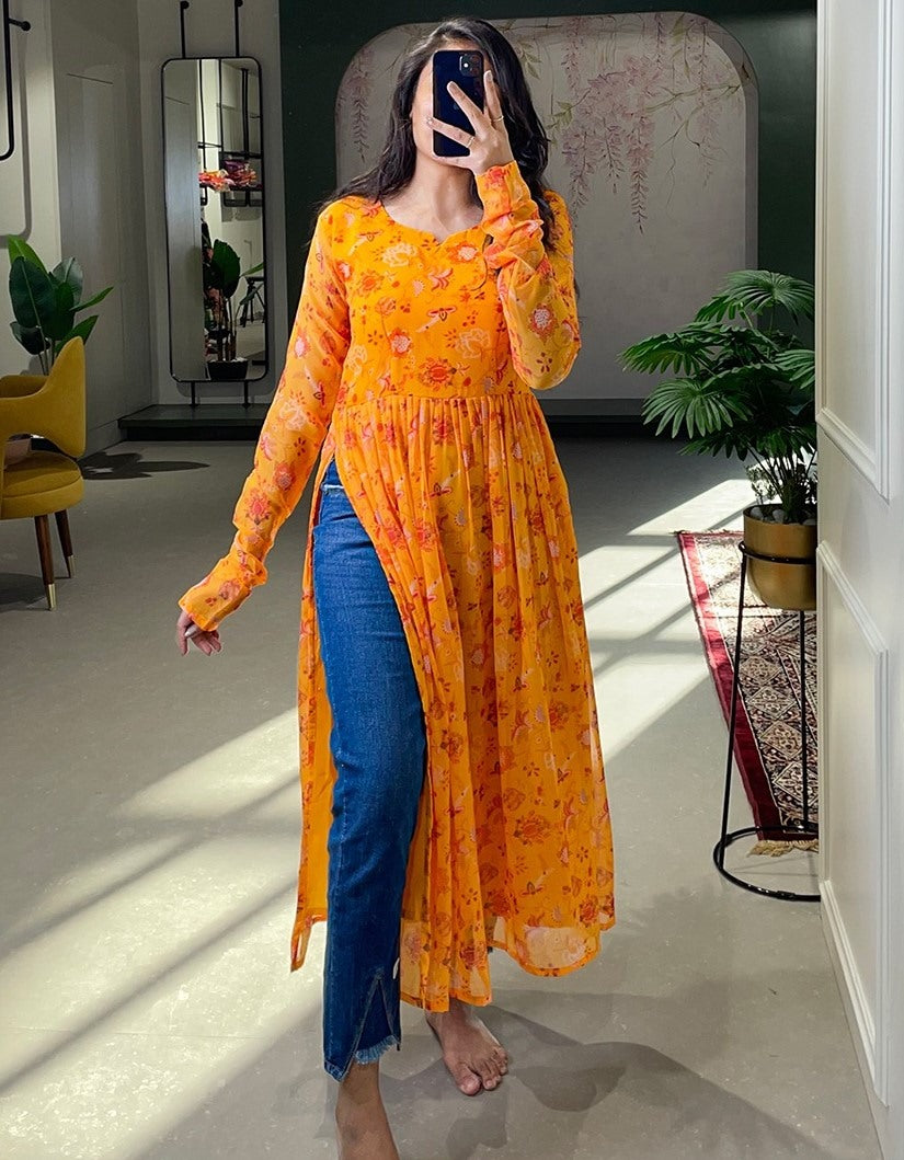 Orange georgette floral printed kurti