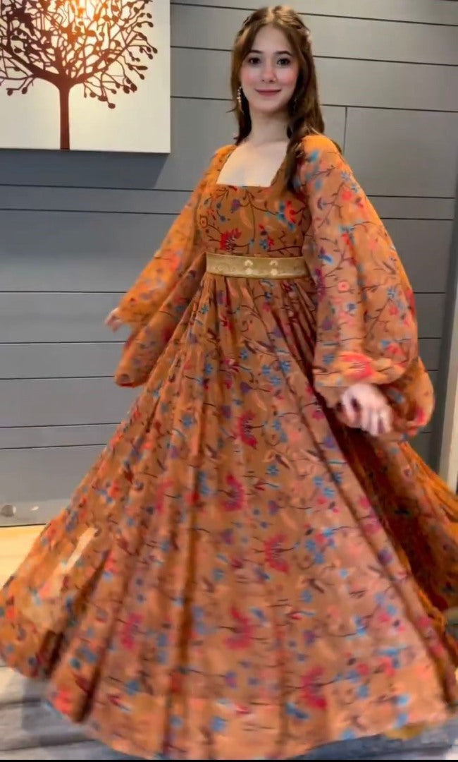 Orange georgette flower printed balloon sleeves festival wear gown