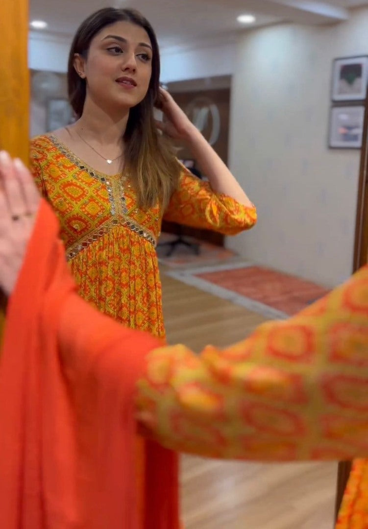 Orange georgette print and handwork alia cut kurti
