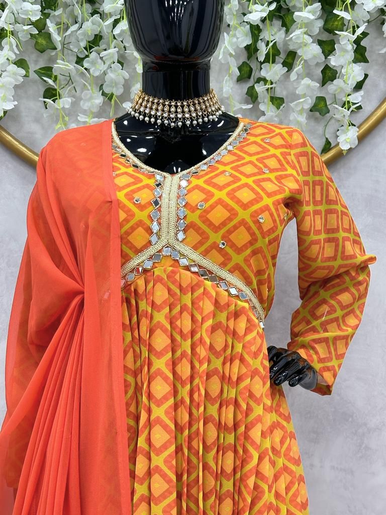Orange georgette print and handwork alia cut kurti