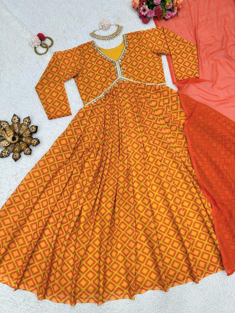 Orange georgette print and handwork alia cut kurti