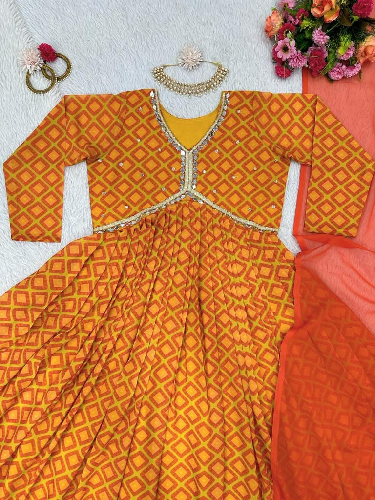 Orange georgette print and handwork alia cut kurti
