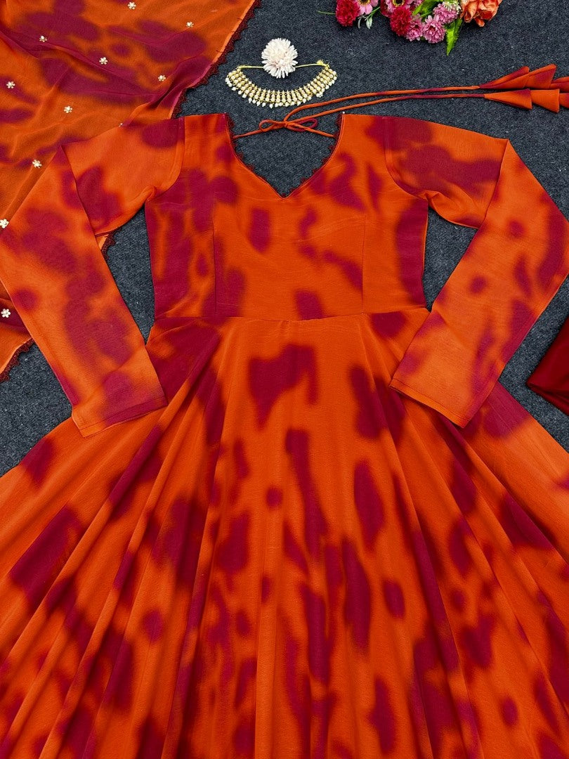 Orange georgette printed anarkali suit