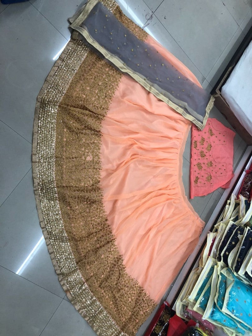 orange georgette silk embroidered ceremonial lehenga