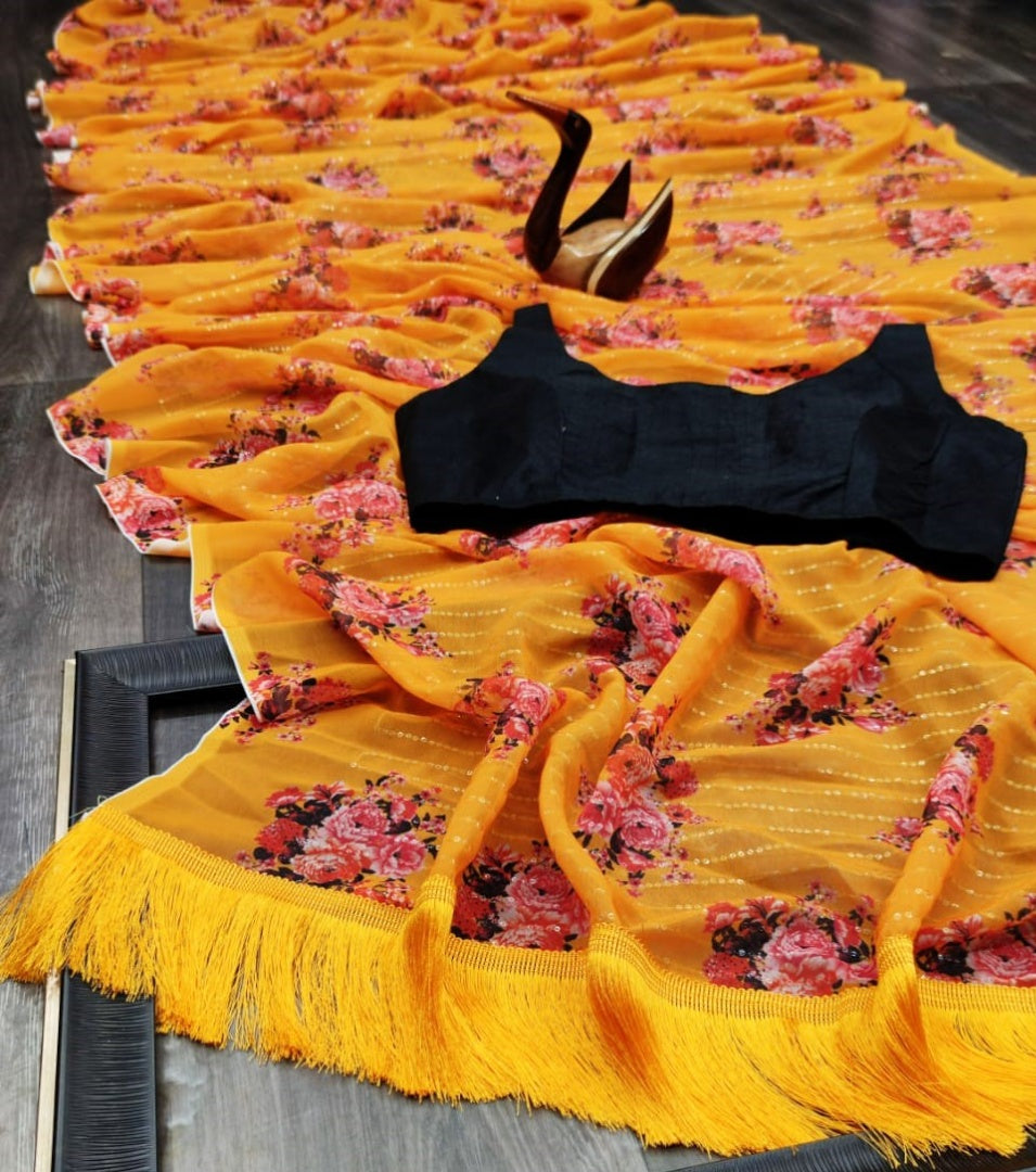 Orange heavy georgette sequence flower printed work saree