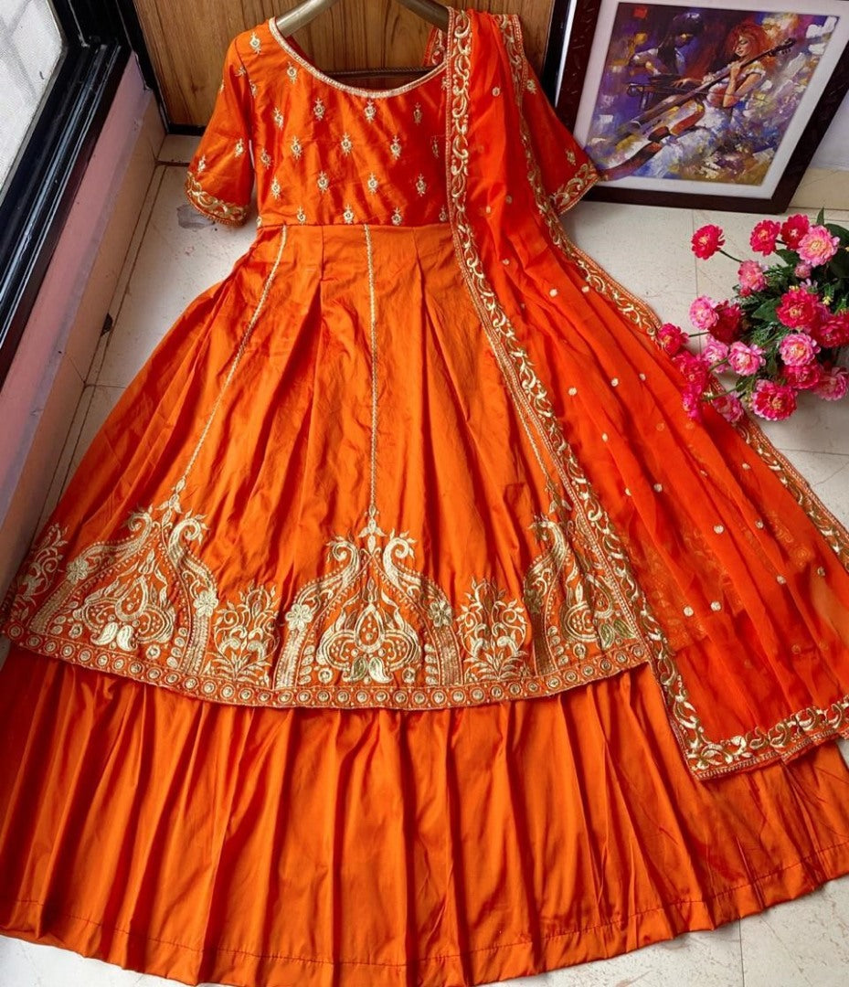 Orange heavy taffeta silk embroidered work party wear gown