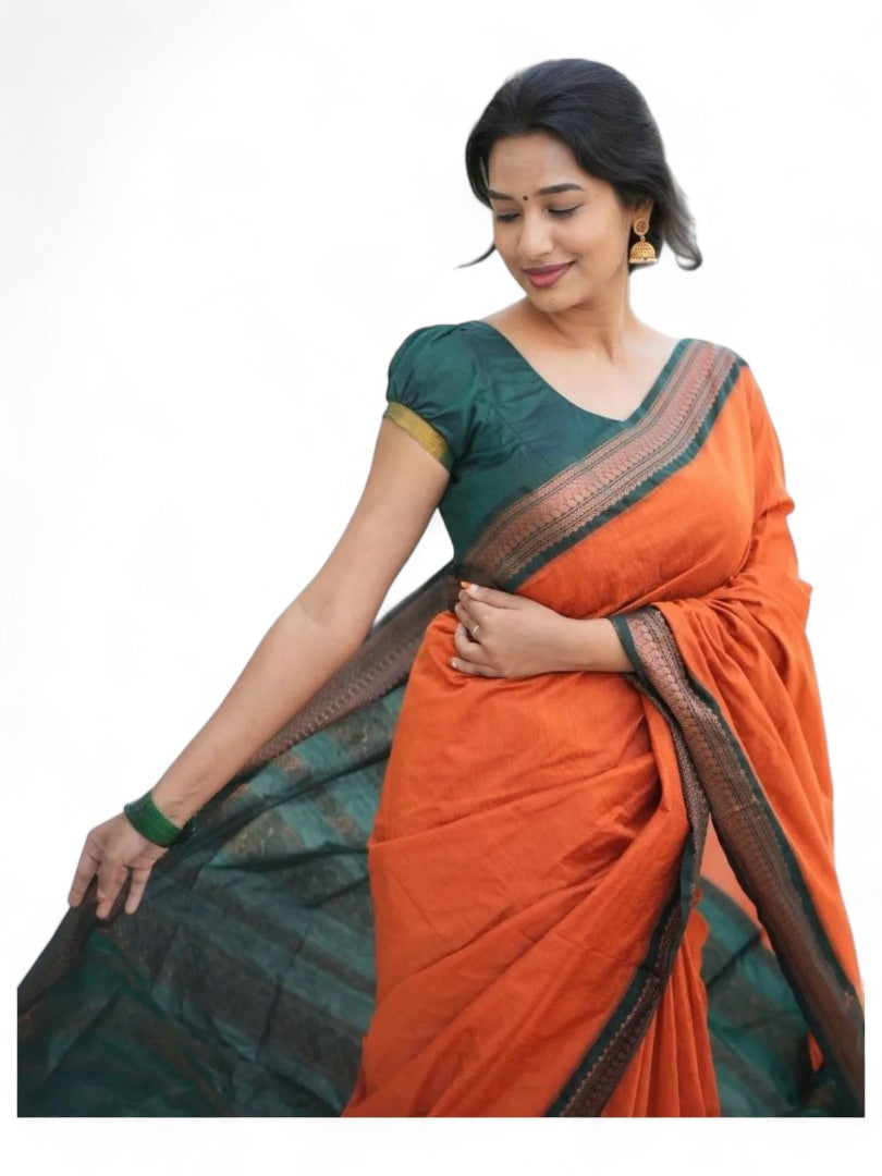 Orange lichi silk saree