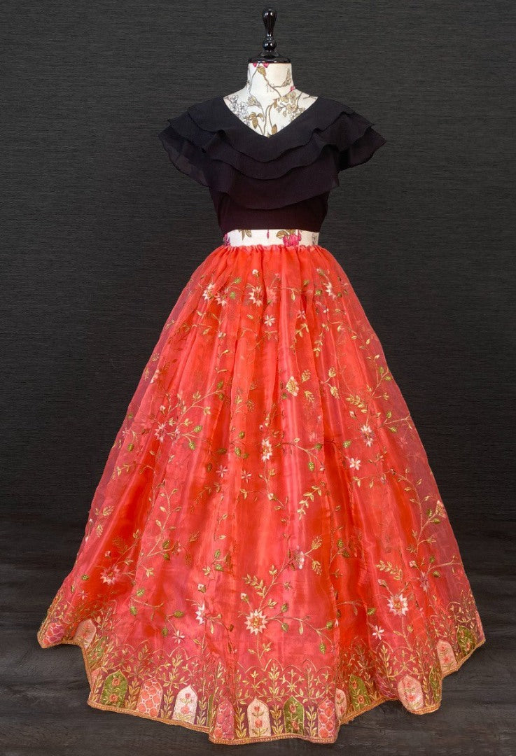 Orange organza heavy embroidered crop top lehenga