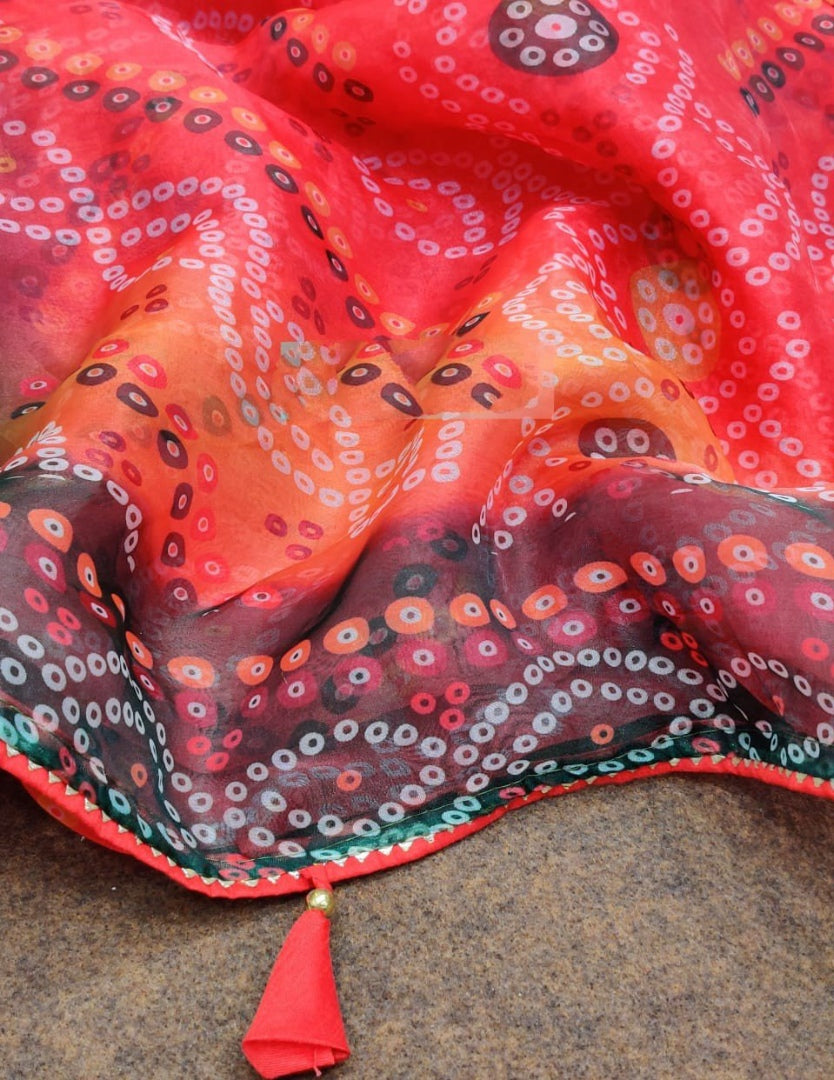 Orange organza silk bandhani printed work saree