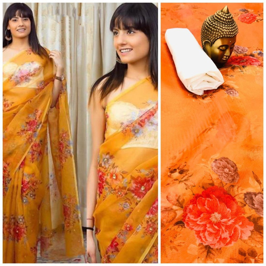 orange orgenza digital floral printed saree