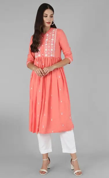 Orange rayon chikankari work short kurti
