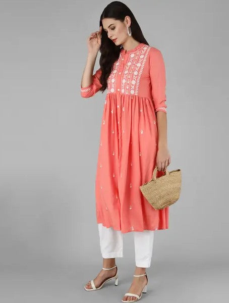 Orange rayon chikankari work short kurti