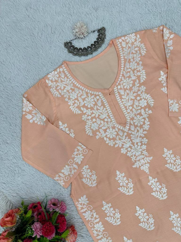 Orange rayon chikankari work summer kurti