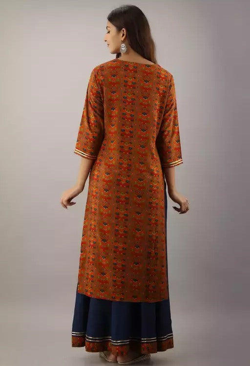 Orange rayon printed kurti with navy blue skirt