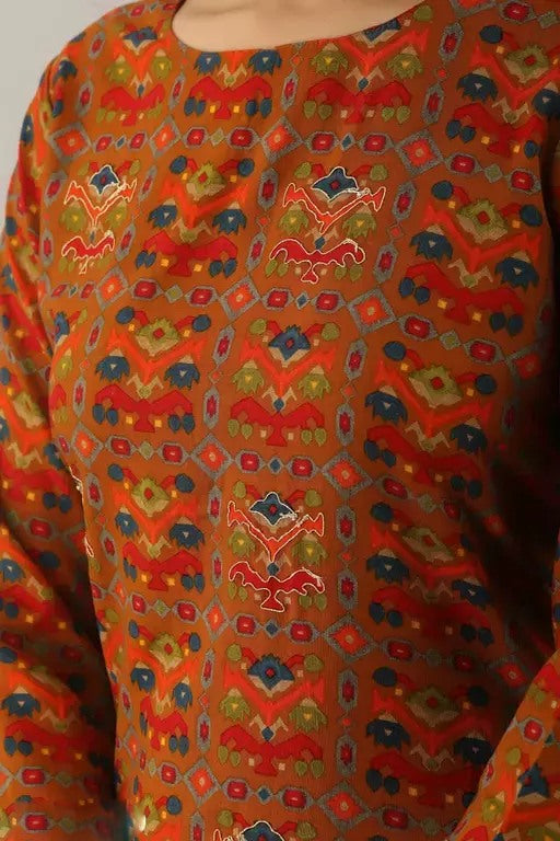 Orange rayon printed kurti with navy blue skirt