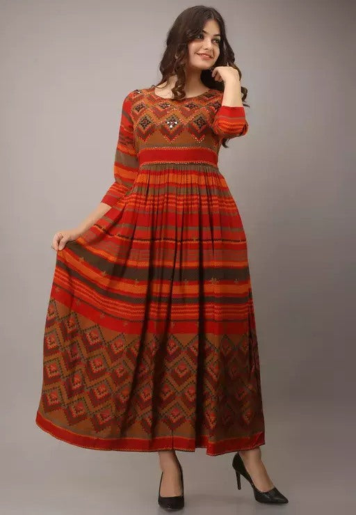 Orange rayon printed long kurti