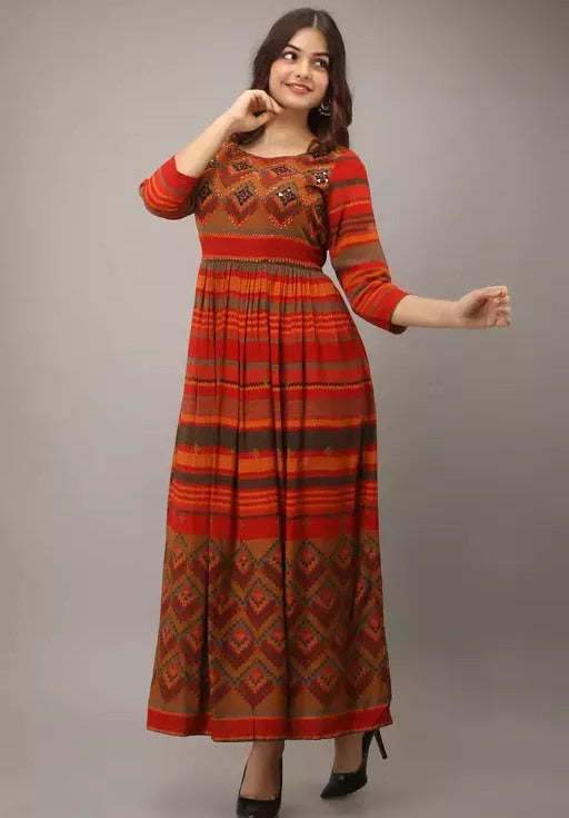 Orange rayon printed long kurti