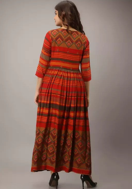 Orange rayon printed long kurti