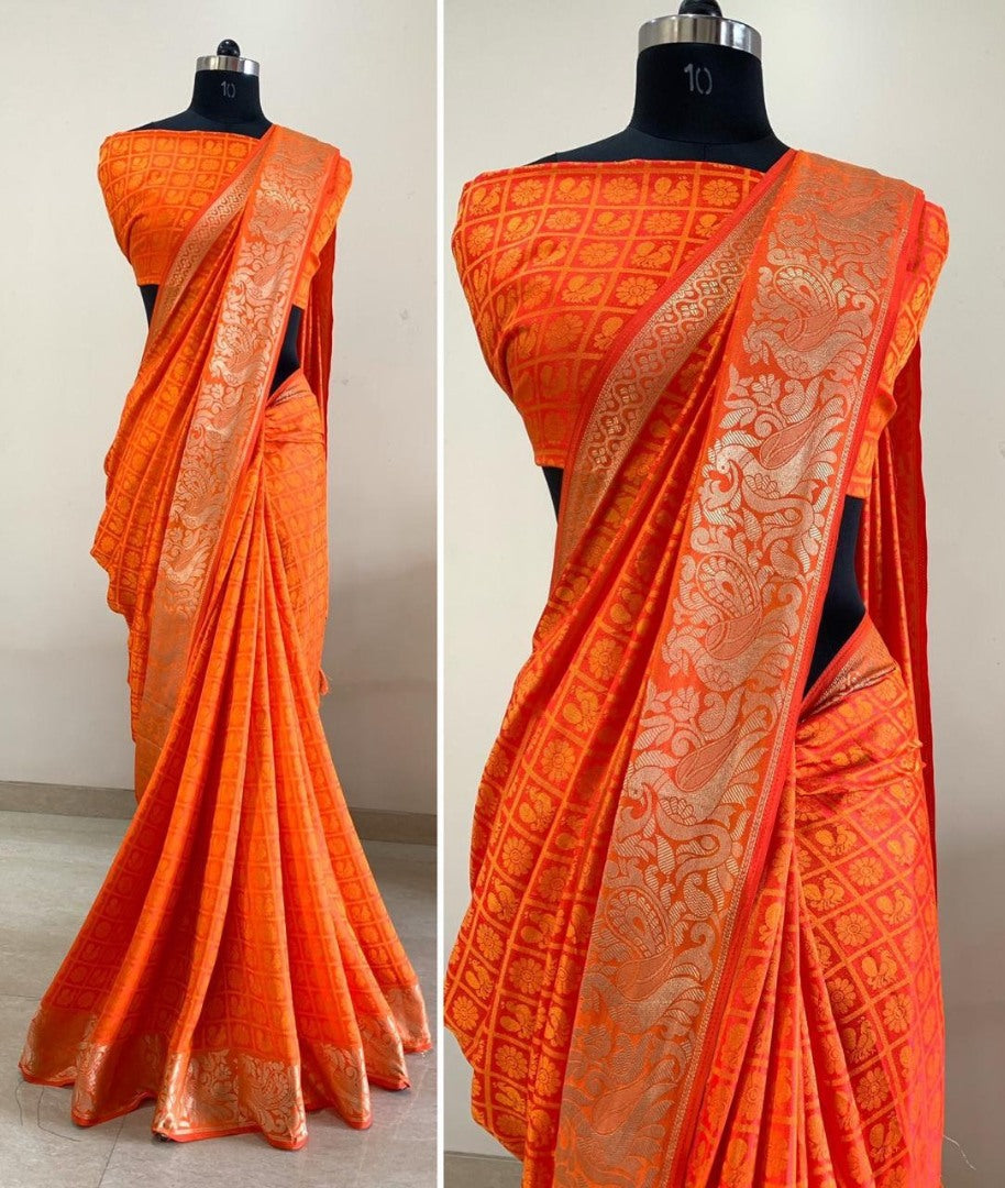 Orange sana silk jacquard saree