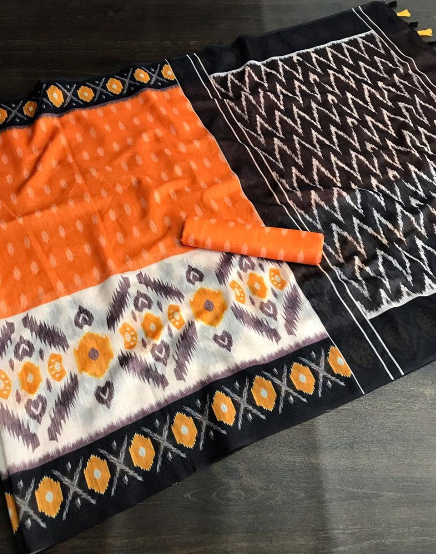 Orange slub linen cotton digital printed work saree