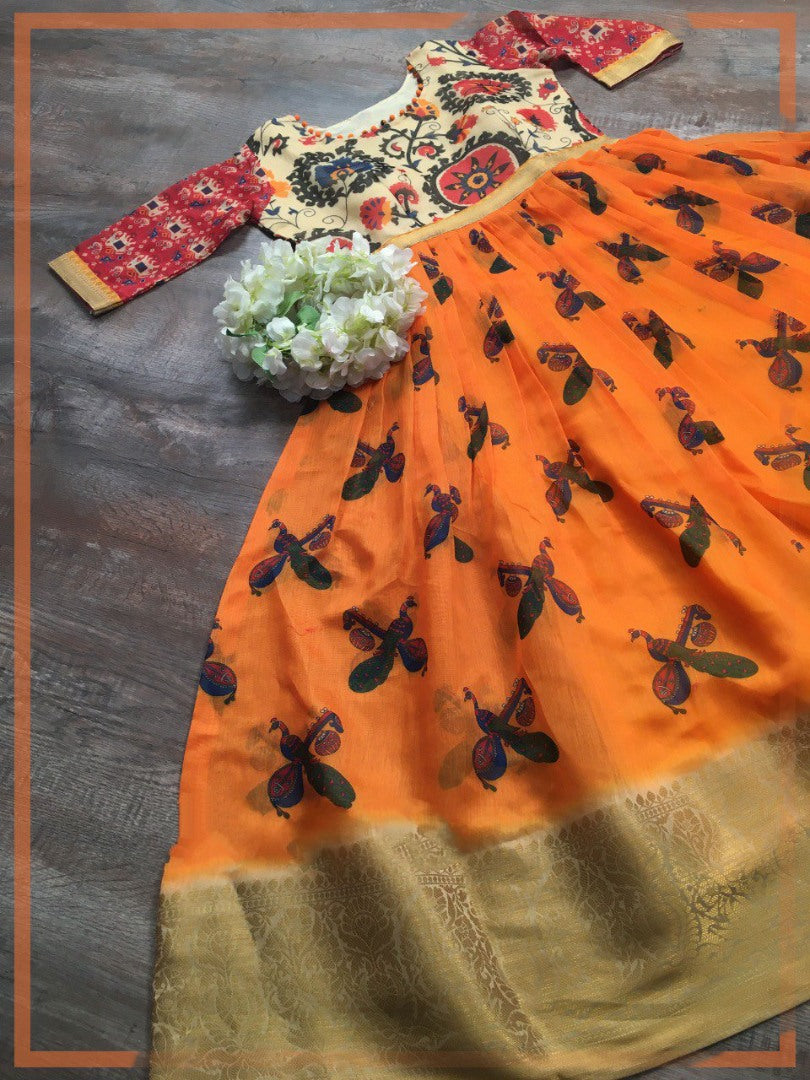 Orange Soft cotton weaving design printed gown
