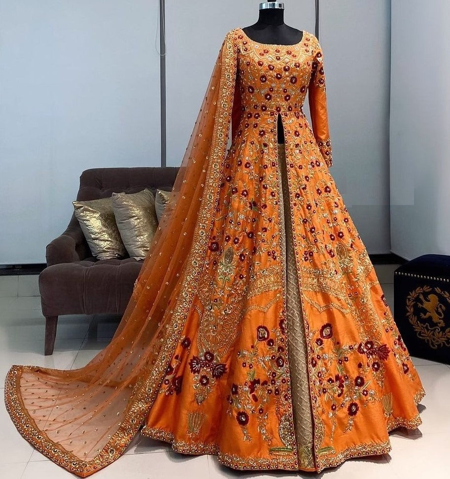 Orange taffeta silk satin embroidered gown lehenga