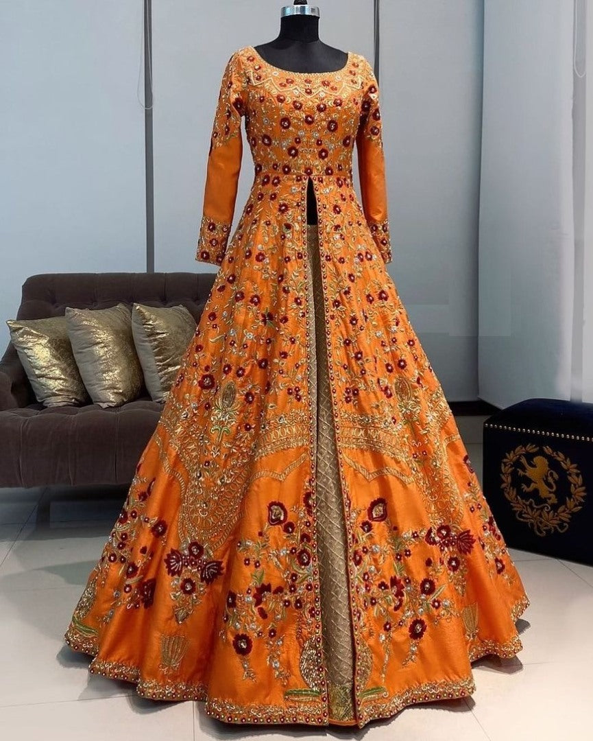 Orange taffeta silk satin embroidered gown lehenga