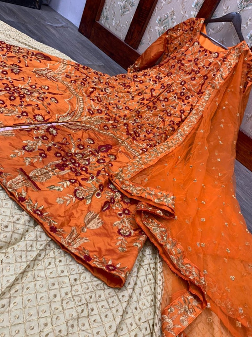 Orange taffeta silk satin embroidered gown lehenga