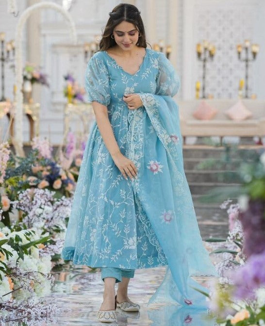 Organza heavy thread work anarkali suit