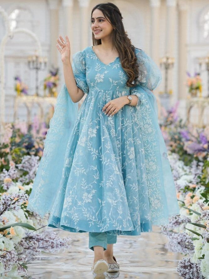Organza heavy thread work anarkali suit Sky Blue