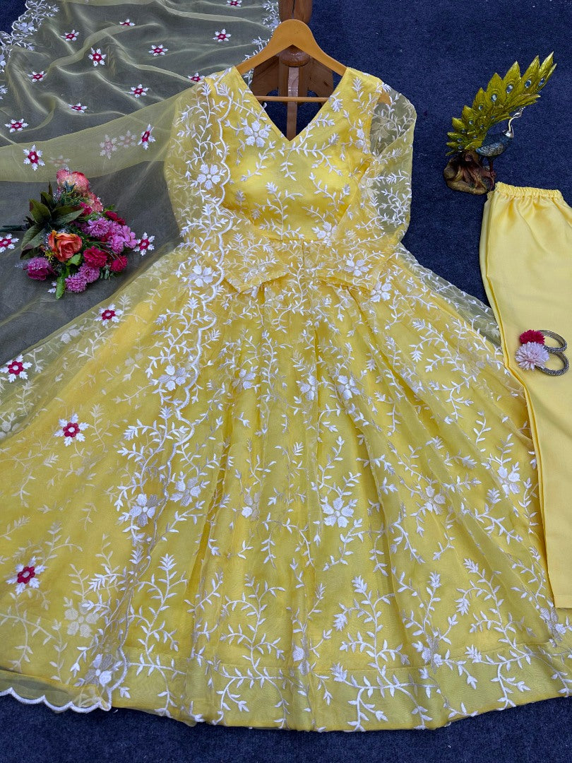 Organza heavy thread work anarkali suit Yellow