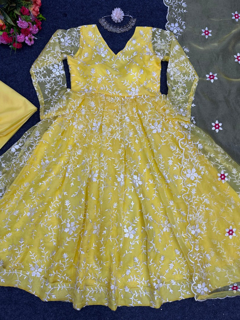 Organza heavy thread work anarkali suit